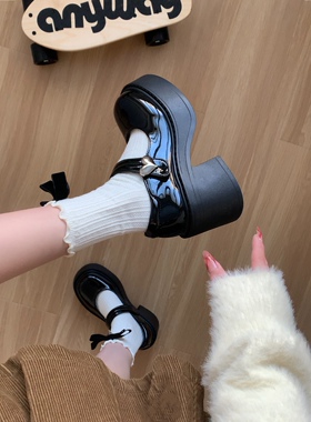 法式黑色圆头一字扣带jk鞋子浅口高跟玛丽珍小皮鞋女厚底粗跟单鞋