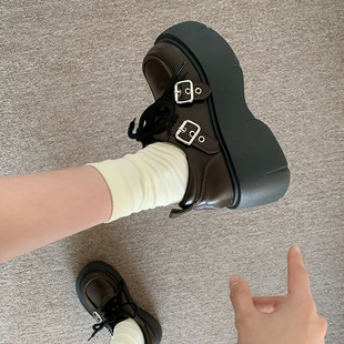 厚底英伦风小皮鞋女2025秋季新款百搭小个子增高系带复古jk单鞋子