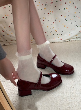 小sun家 多色!法式小方头单鞋魔术贴中跟增高亮面小皮鞋玛丽珍女