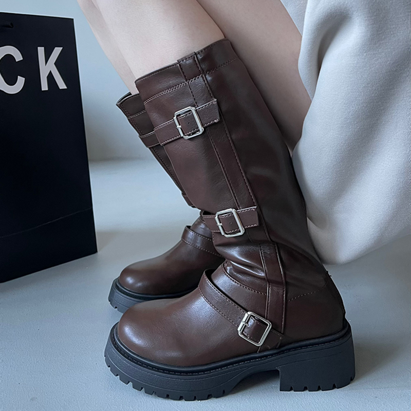 美拉德风西部靴子女秋季小个子厚底长筒靴2025新款高筒骑士靴ins