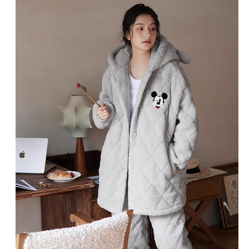 贝妍米奇珊瑚绒夹棉睡衣女冬季三层加厚加绒家居服保暖棉袄套装