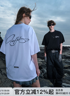 FORNINES花体刺绣重磅纯棉短袖T恤男女潮牌上衣夏季美式半袖体恤