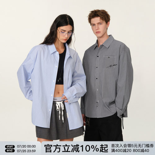 FORNINES刺绣竖条纹蓝色长袖衬衫男女情侣装上衣潮牌春秋休闲外套