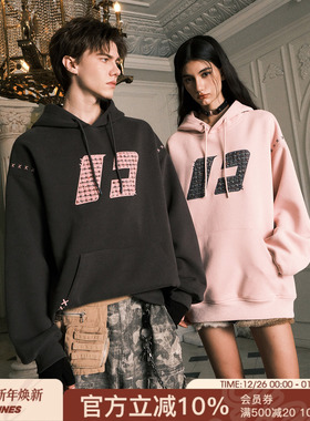 FORNINES刺绣重磅卫衣男女情侣加绒连帽衫潮牌秋冬美式休闲厚外套