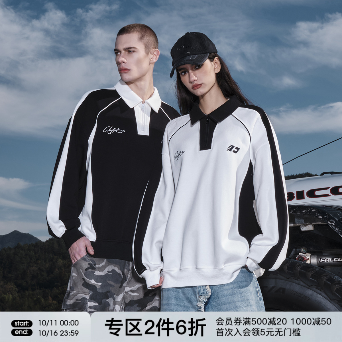 FORNINES刺绣polo领半拉链卫衣男女情侣上衣潮牌春秋美式短款外套