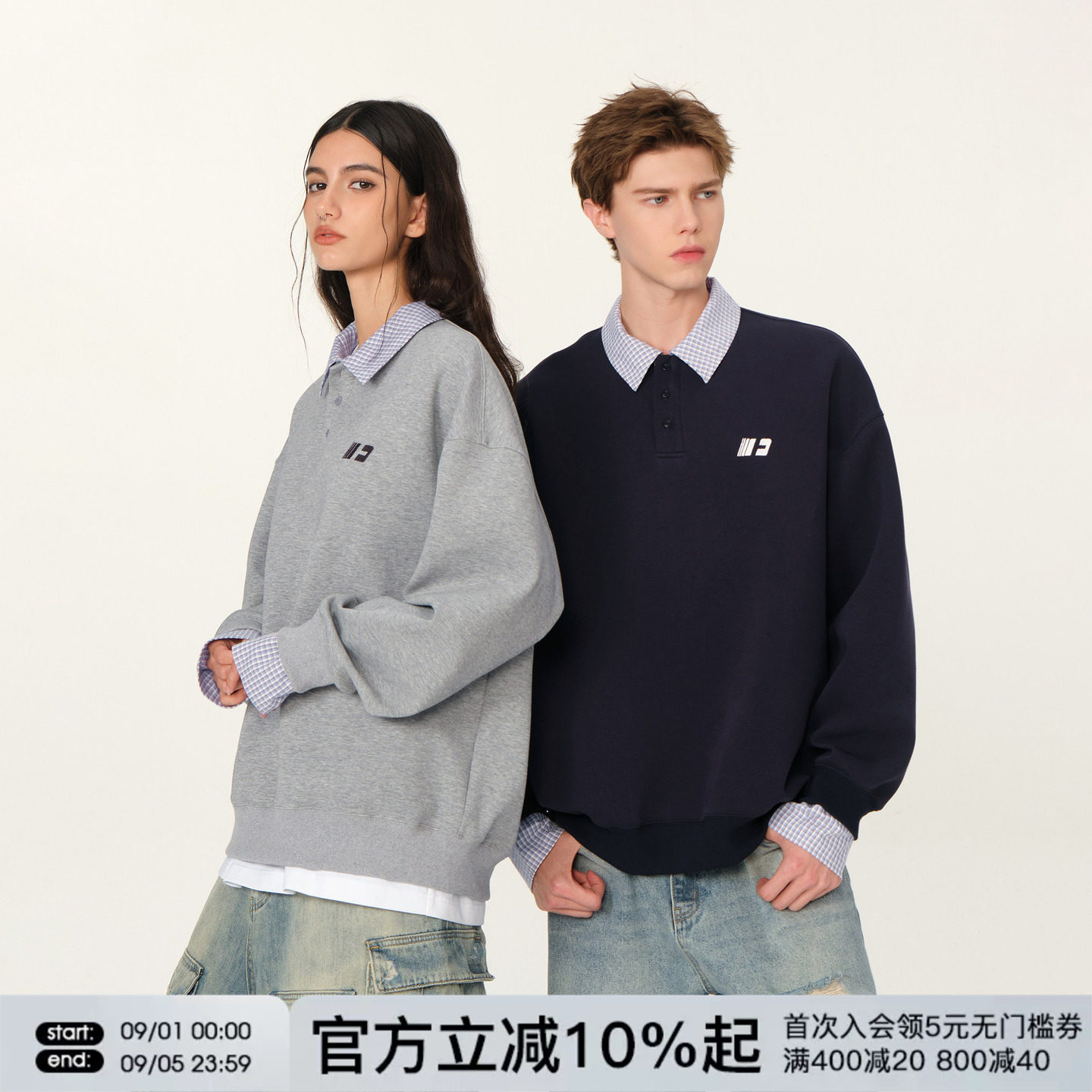 FORNINES假两件空气层polo衫卫衣男女情侣装潮牌休闲翻领长袖上衣图片