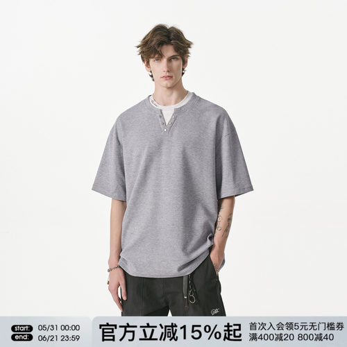 FORNINES刺绣假两件华夫格短袖T恤男女潮牌情侣重磅上衣夏季半袖