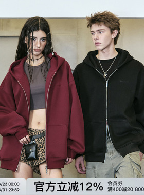FORNINES重磅刺绣连帽开衫红色加绒卫衣男女情侣装潮牌春秋季外套