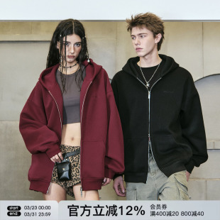 外套 潮牌春秋季 FORNINES重磅刺绣连帽开衫 红色加绒卫衣男女情侣装