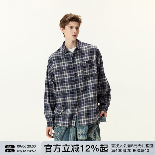 FORNINES磨毛格子衬衫男女潮牌春秋上衣复古内搭格纹长袖衬衣外套