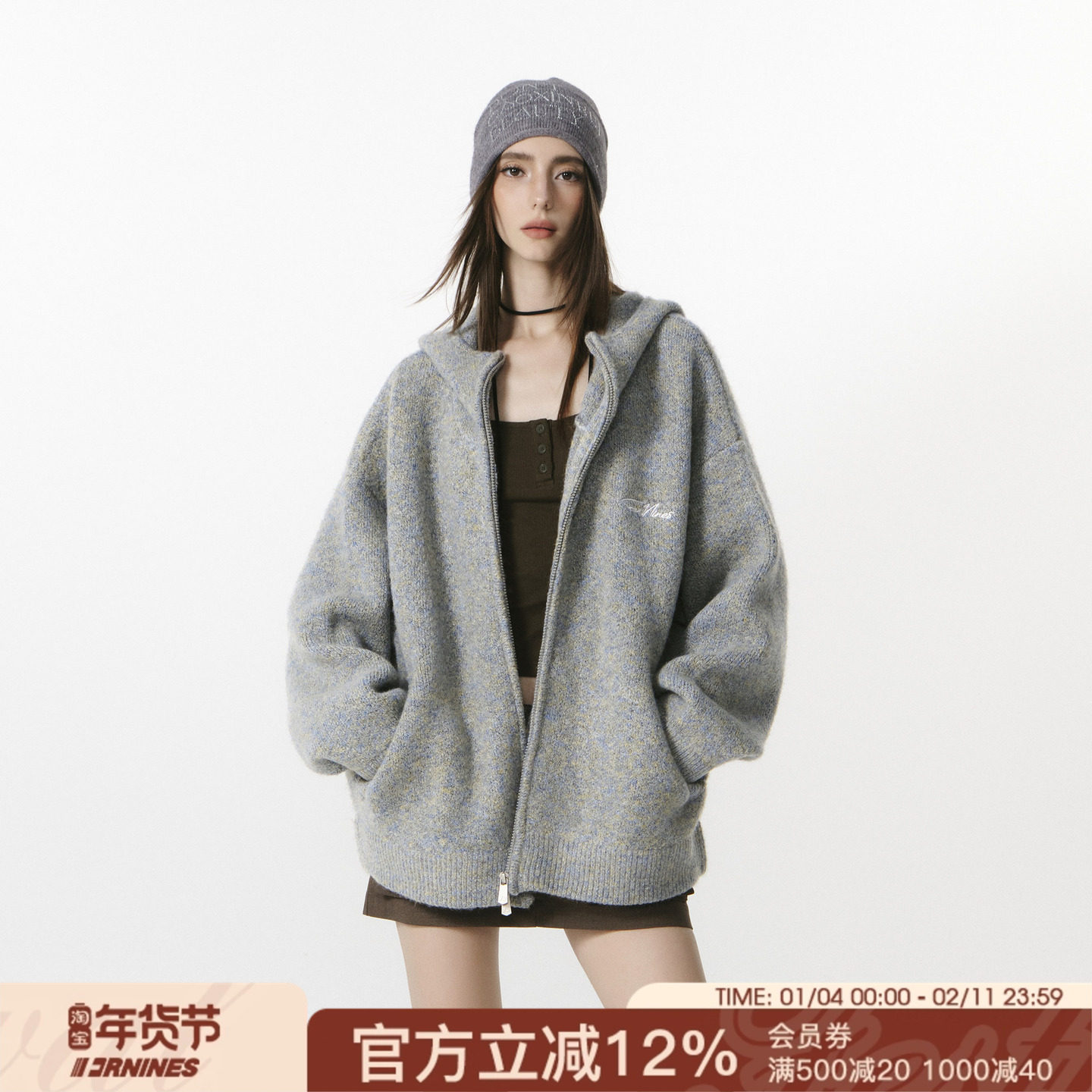 FORNINES微短款重磅加厚毛衣外套男女情侣装秋冬休闲连帽针织开衫