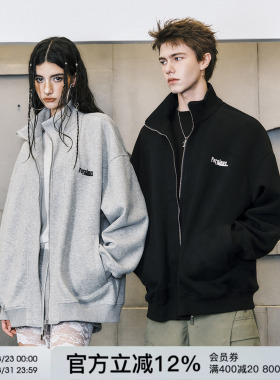 FORNINES立领刺绣重磅灰色卫衣男款潮牌春季情侣装开衫休闲外套女