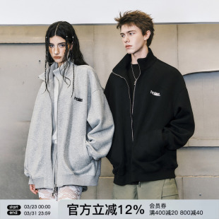 开衫 情侣装 休闲外套女 潮牌春季 FORNINES立领刺绣重磅灰色卫衣男款