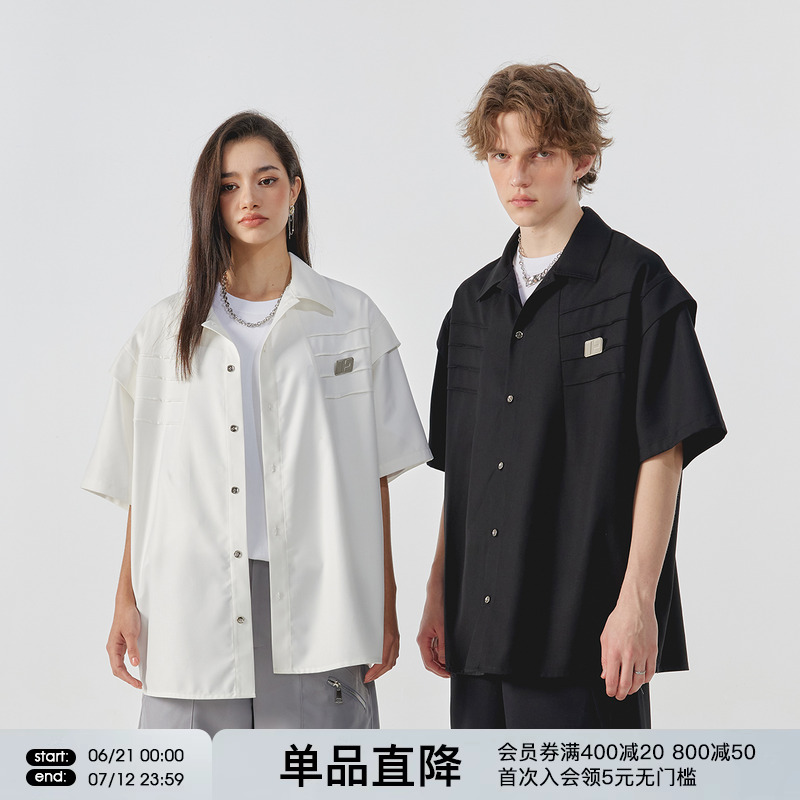 FORNINES小众解构压褶设计感衬衫男女夏季短袖潮牌美式白色半截袖