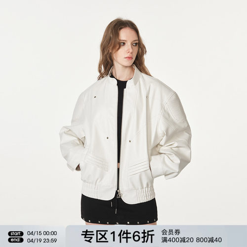 FORNINES短款垫肩pu皮衣