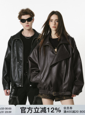 FORNINES复古翻领皮衣外套男款情侣春秋PU夹克女痞帅高级感机车服