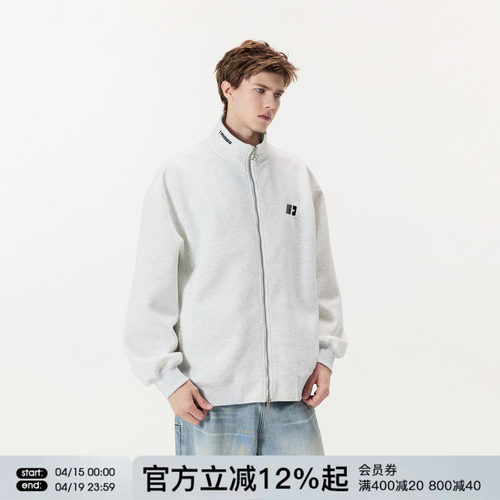 FORNINES刺绣立领拉链开衫灰色卫衣男女潮牌春秋情侣美式通勤外套