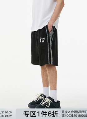 FORNINES麂皮绒拼接刺绣短裤男生宽松直筒五分裤潮牌夏季休闲裤子