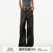 复古显瘦直筒长裤 FORNINES高级质感渐变阔腿皮裤 男女潮牌春秋美式