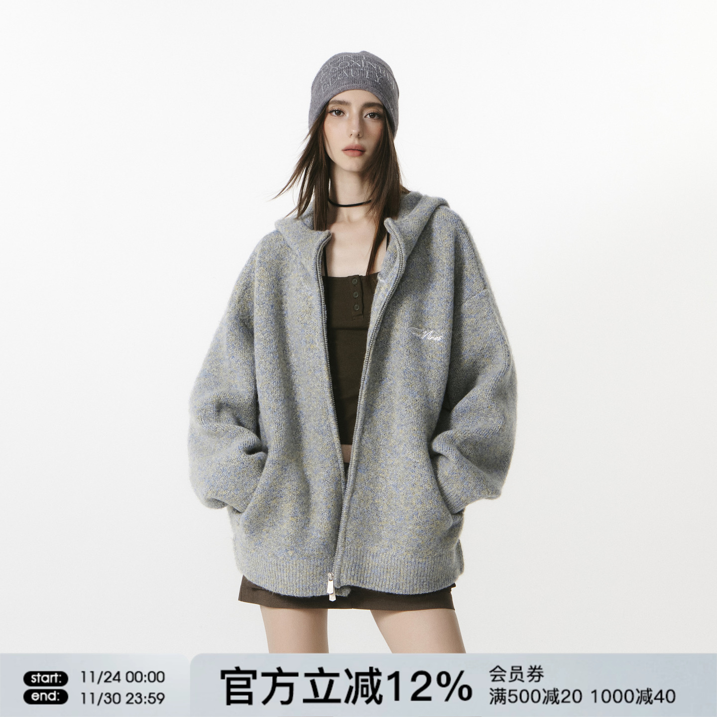 FORNINES微短款重磅加厚毛衣外套男女情侣装秋冬休闲连帽针织开衫