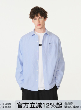 FORNINES刺绣竖条纹蓝色长袖衬衫男女情侣装上衣潮牌春季休闲外套