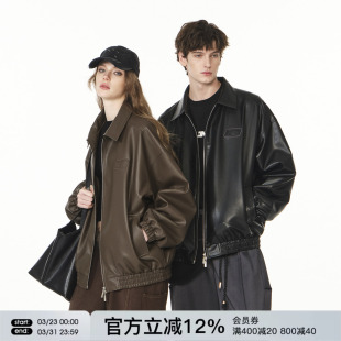 FORNINES刺绣翻领棕色皮衣男女情侣潮牌春秋pu皮夹克美式 复古外套