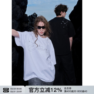 打底衫 半袖 T恤男女情侣上衣潮牌夏季 FORNINES设计感刺绣纯棉短袖