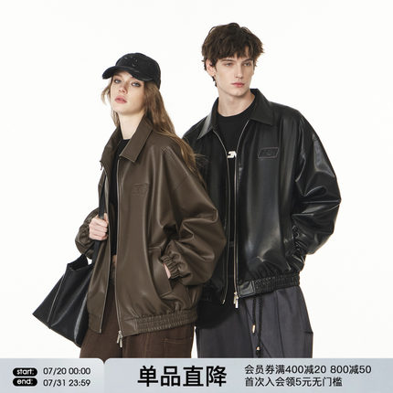 FORNINES刺绣翻领pu皮衣男女情侣装潮牌衣服春秋夹克美式复古外套