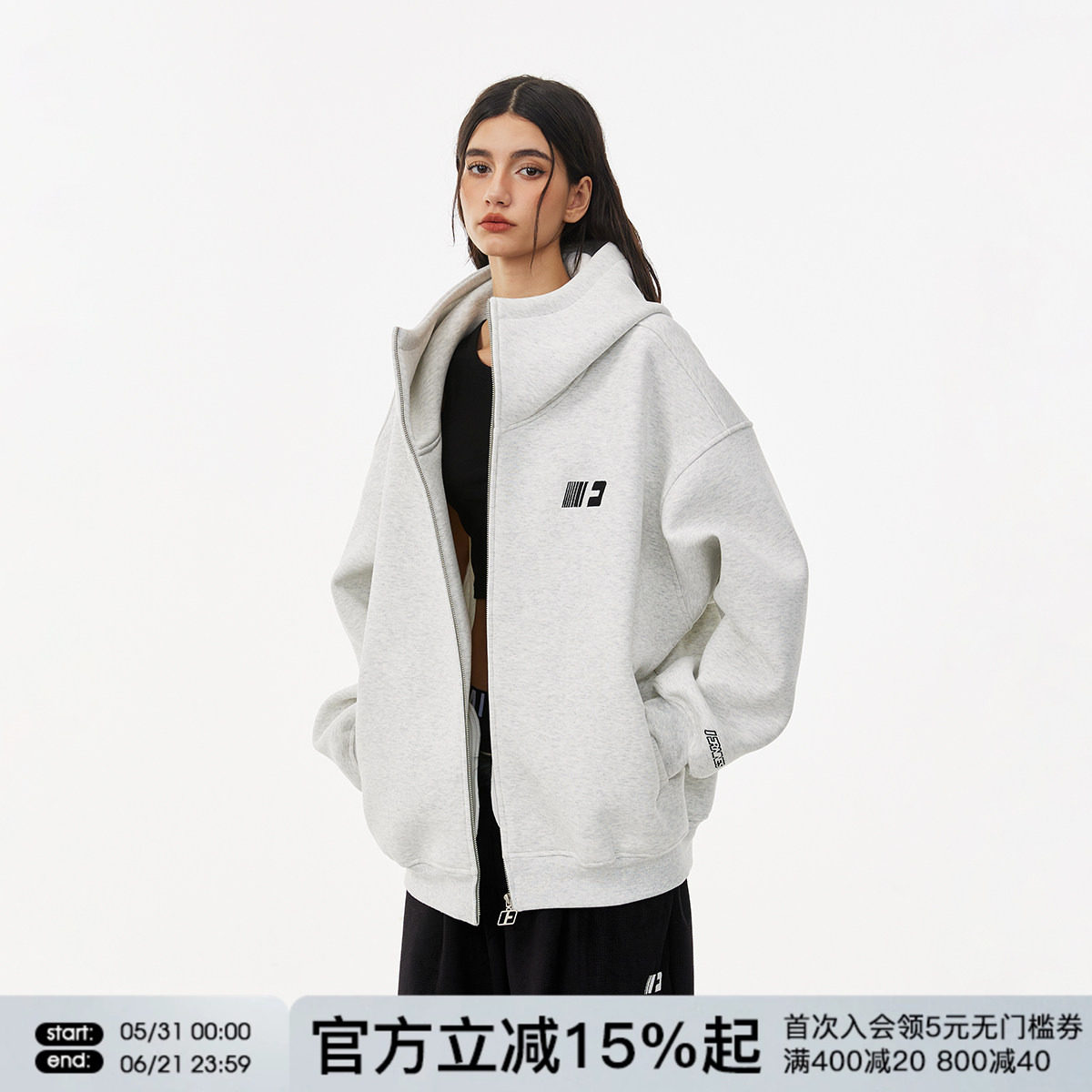 FORNINES刺绣重磅空气层卫衣男女情侣装潮牌高领开衫春季美式外套