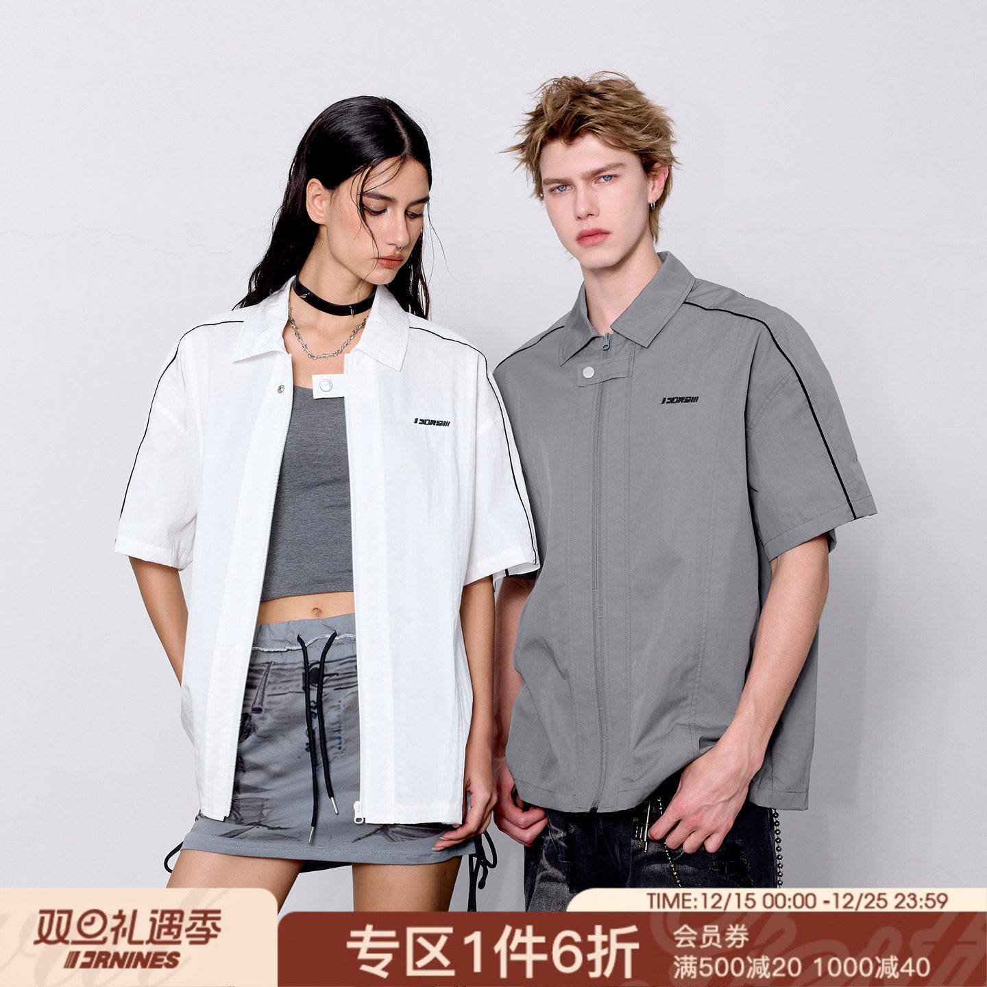 FORNINES刺绣设计感拉链短袖衬衫男女小众半截袖潮牌夏季灰色衬衣