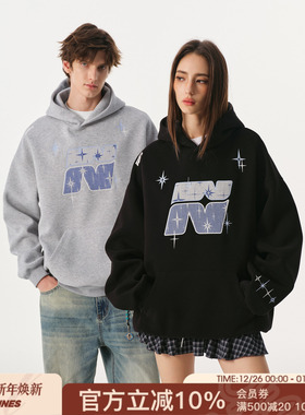 FORNINES贴布刺绣重磅加绒卫衣男女秋冬情侣装连帽衫潮牌加厚外套