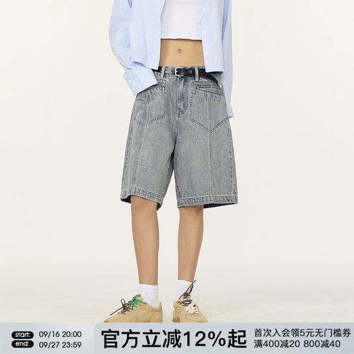 FORNINES水洗做旧牛仔短裤男女复古宽松直筒五分裤子潮牌夏季中裤