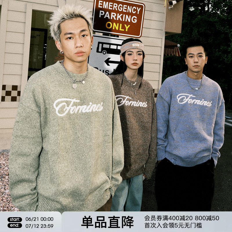 FORNINES国潮刺绣美式毛衣男女宽松针织衫潮牌情侣秋冬加厚毛线衣