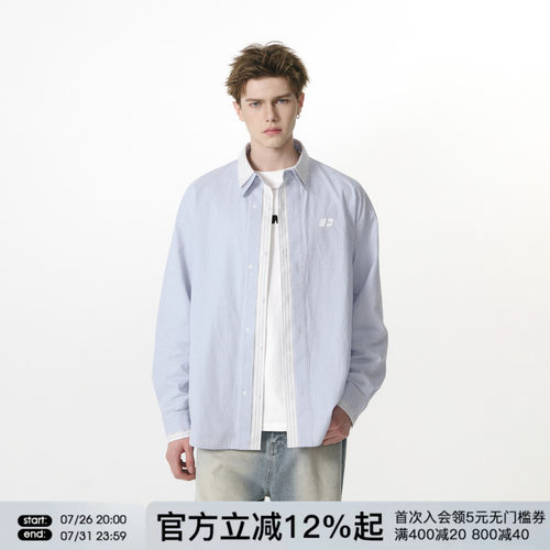 FORNINES设计感假两件蓝色格子长袖衬衫男潮牌春秋衬衣外套女上衣