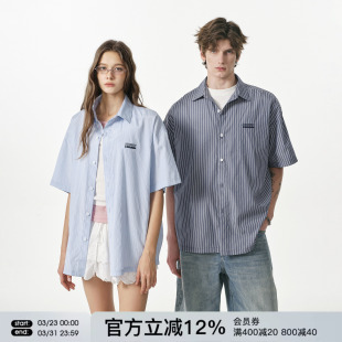 通勤半袖 FORNINES刺绣蓝色竖条纹短袖 上衣潮牌夏季 男女情侣装 衬衫