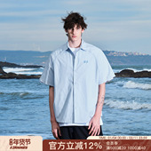 衬衫 男女情侣上衣潮牌夏季 美式 FORNINES刺绣logo纯棉蓝色短袖 半袖