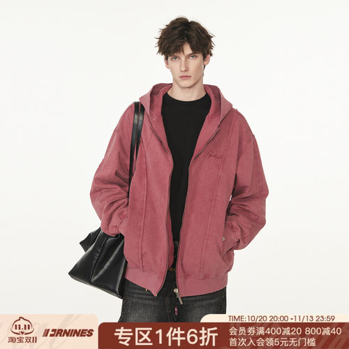 FORNINES复古水洗做旧连帽开衫卫衣男女潮牌重磅460g春秋帽衫外套