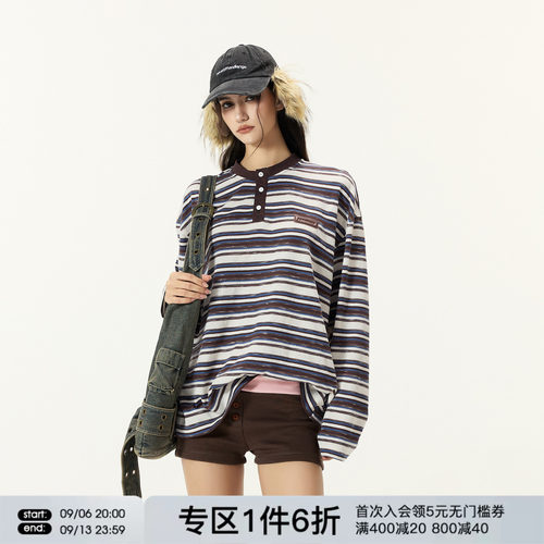 FORNINES亨利领条纹撞色长袖T恤男女潮牌情侣卫衣春秋复古打底衫