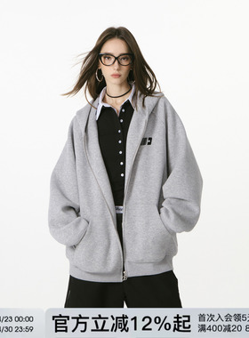 FORNINES刺绣连帽拉链开衫灰色卫衣男女潮牌春秋重磅休闲情侣外套