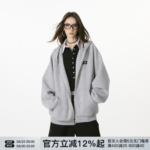 FORNINES刺绣连帽拉链开衫灰色卫衣男女潮牌春秋重磅休闲情侣外套