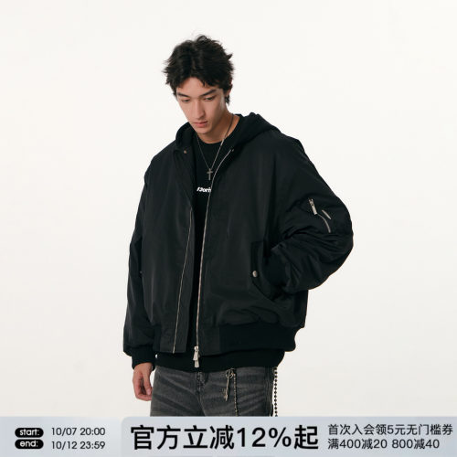 FORNINES极简黑色夹克棉衣男秋冬连帽棉服宽松休闲工装外套女棉袄