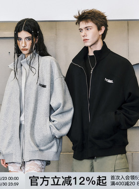 FORNINES立领刺绣重磅灰色卫衣男款潮牌春季情侣装开衫休闲外套女