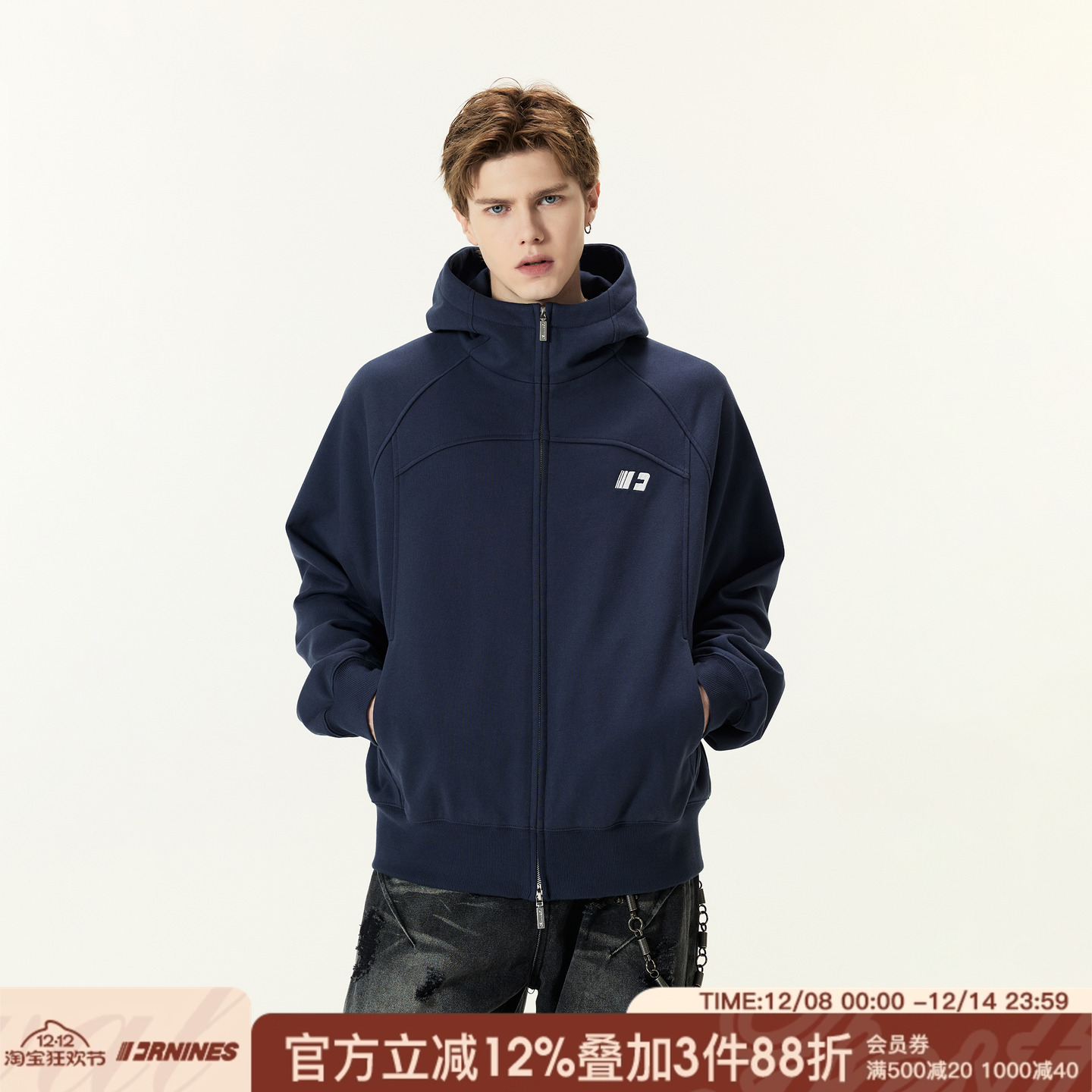 FORNINES双拉链重磅微短款刺绣开衫卫衣男女潮牌连帽高领秋冬外套