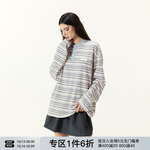 FORNINES亨利领条纹撞色长袖T恤男女潮牌情侣卫衣春秋复古打底衫