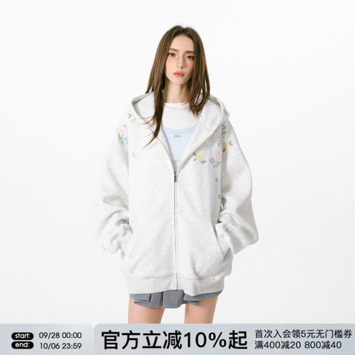 FORNINES瀑布刺绣拉链开衫卫衣男潮牌情侣装春秋重磅连帽衫外套女
