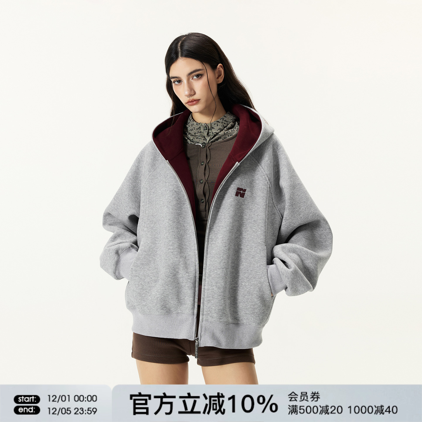 FORNINES微短款撞色刺绣双拉链开衫卫衣男女潮牌情侣连帽休闲外套