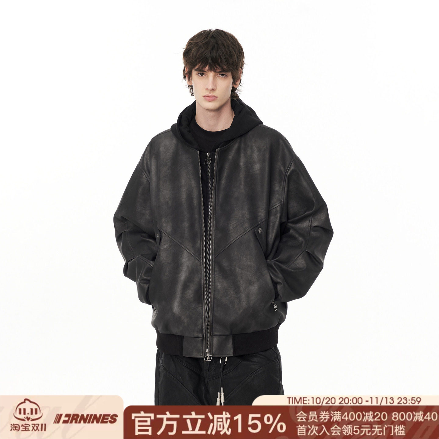 FORNINES假两件连帽皮衣外套男款情侣秋冬复古PU夹克女痞帅机车服