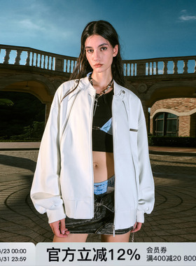 卢昱晓同款FORNINES白色pu皮衣潮牌飞行夹克春季美式短款外套男女