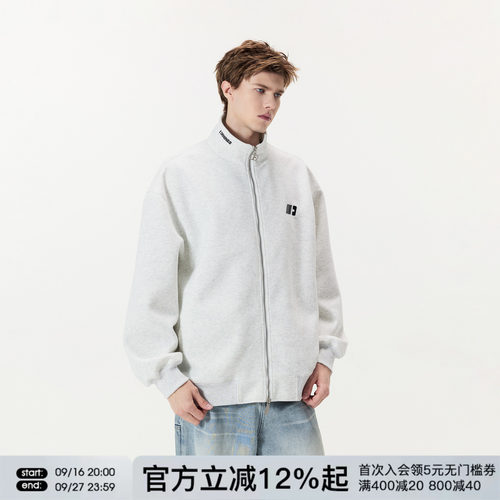 FORNINES刺绣立领拉链开衫灰色卫衣男女潮牌春秋情侣休闲通勤外套