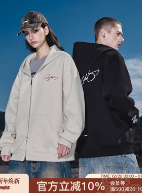 FORNINES花体刺绣开衫卫衣男女潮牌情侣装重磅连帽衫秋冬美式外套